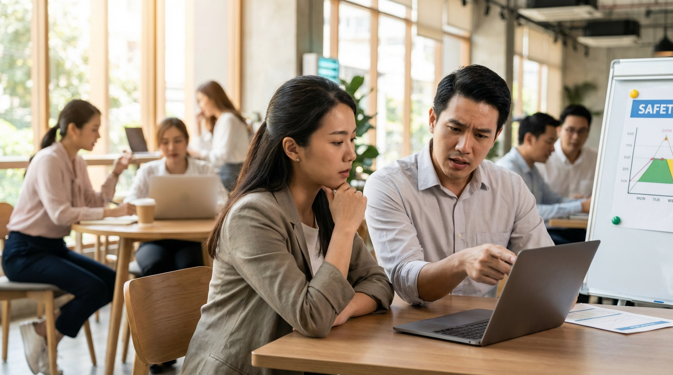 ภาพประกอบแสดงกลุ่มคนกำลังเข้าร่วมการอบรมความปลอดภัย มีอุปกรณ์และเอกสารเกี่ยวกับความปลอดภัยอยู่บนโต๊ะ