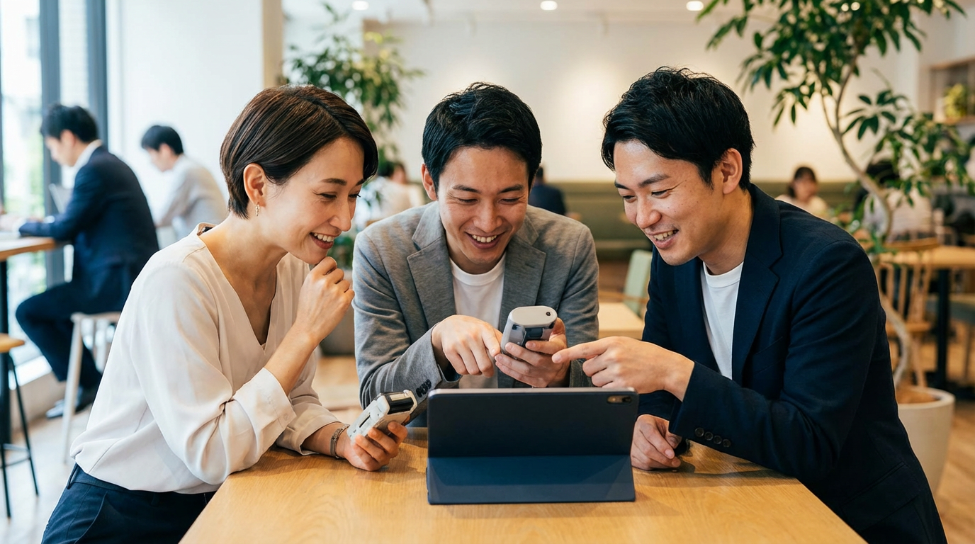 ภาพอธิบายการทดลองใช้งานอุปกรณ์อบรมความปลอดภัย มีคนใช้แท็บเล็ตและมีกราฟแสดงผลการฝึกอบรม