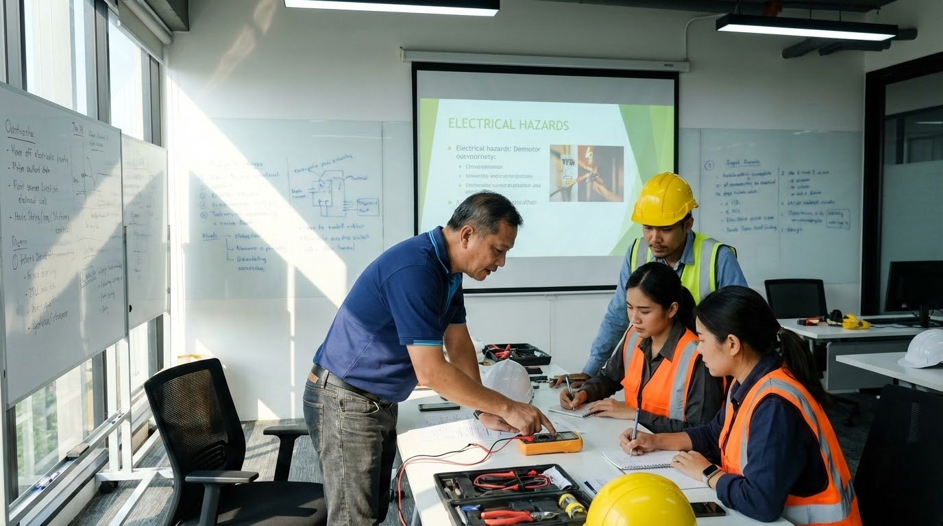 ภาพประกอบแสดงกลุ่มคนไทยสี่คนในห้องอบรมไฟฟ้า โดยมีผู้สอนสาธิตการใช้เครื่องวัดมัลติมิเตอร์ให้ผู้เรียนดูอย่างตั้งใจ