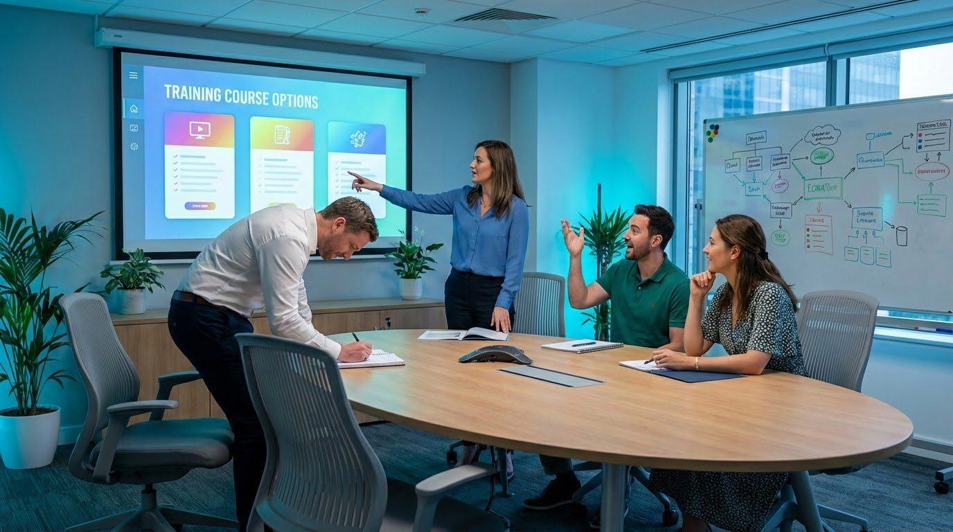 ภาพประกอบแสดงกลุ่มมืออาชีพสี่คนกำลังอภิปรายรอบโต๊ะในห้องฝึกอบรมที่สว่างไสว มีจอโปรเจคเตอร์แสดงหลักสูตรอบรม