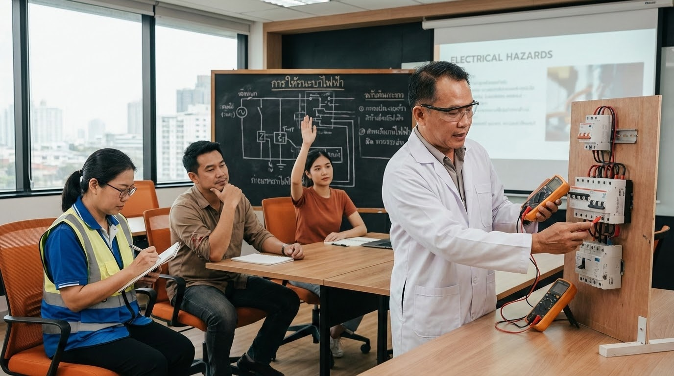 ภาพประกอบแสดงกลุ่มผู้เข้าร่วมอบรมไฟฟ้าสี่คนในห้องเรียนที่มีการสอนความปลอดภัยด้านไฟฟ้า โดยมีการแสดงวงจรไฟฟ้าและอุปกรณ์วัด