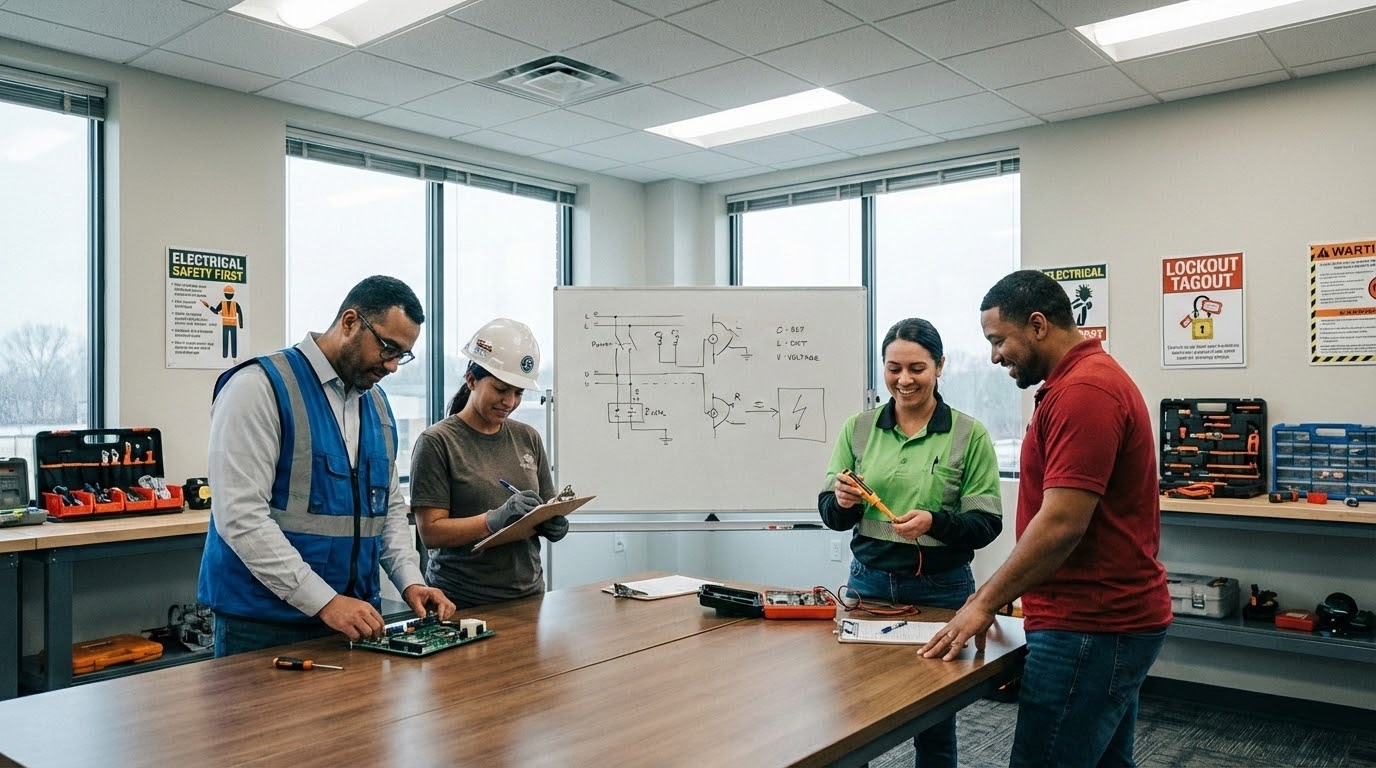 ภาพประกอบแสดงกลุ่มนักเรียนฝึกอบรมในห้องเรียนที่ทันสมัย โดยมีการทำงานเกี่ยวกับความปลอดภัยไฟฟ้า