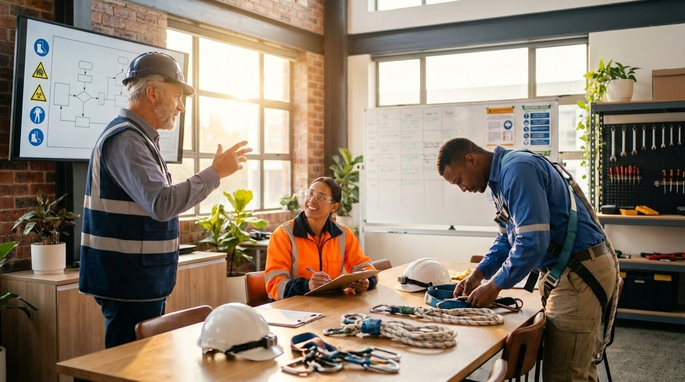 ภาพประกอบแสดงกลุ่มผู้เชี่ยวชาญสามคนเข้าร่วมการอบรมความปลอดภัยในการทำงานที่สูง โดยมีอุปกรณ์ป้องกันอยู่บนโต๊ะ