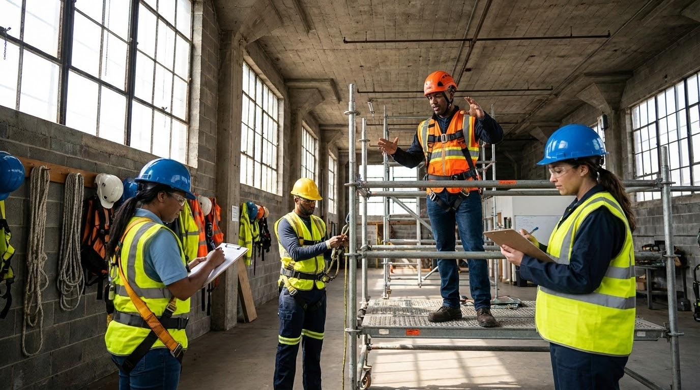 ภาพอธิบายกลุ่มคนทำงานที่หลากหลายในชุดป้องกัน กำลังฝึกอบรมการทำงานในที่สูงบนโครงสร้างเหล็ก