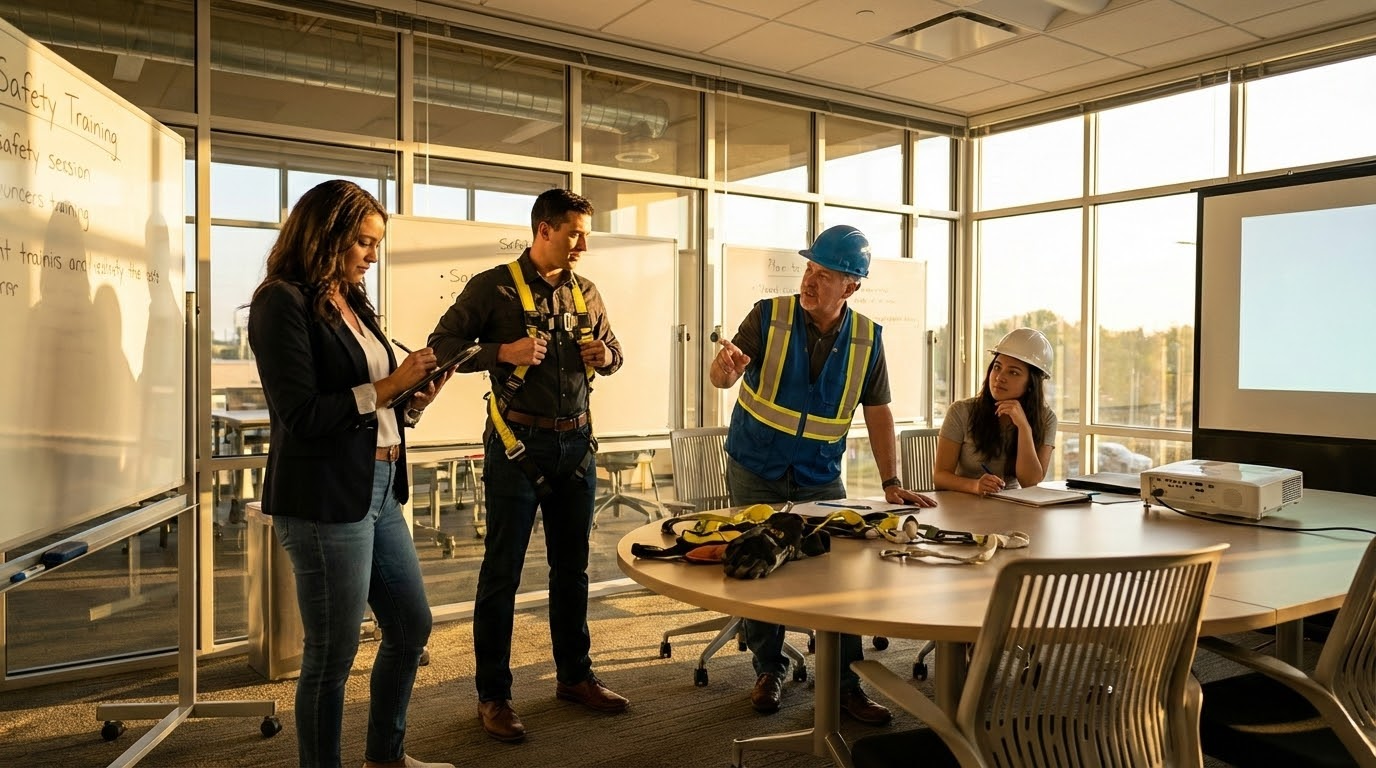 ภาพประกอบแสดงกลุ่มมืออาชีพหลากหลายคนในการอบรมความปลอดภัยที่มีปฏิสัมพันธ์กันในห้องประชุมสว่าง