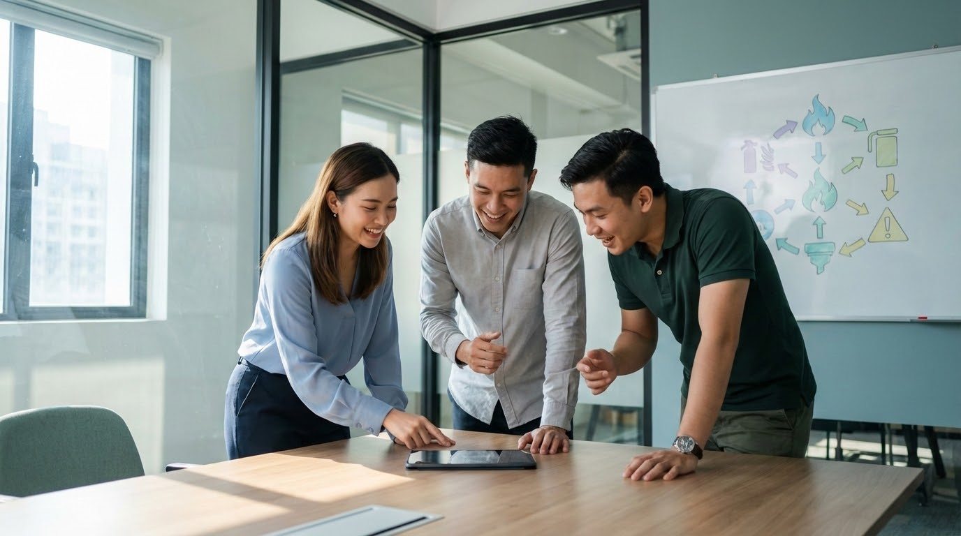 ภาพประกอบแสดงกลุ่มผู้เชี่ยวชาญที่กำลังพูดคุยและตรวจสอบรายงานการอบรมดับเพลิงบนแท็บเล็ตในสำนักงานที่ทันสมัย