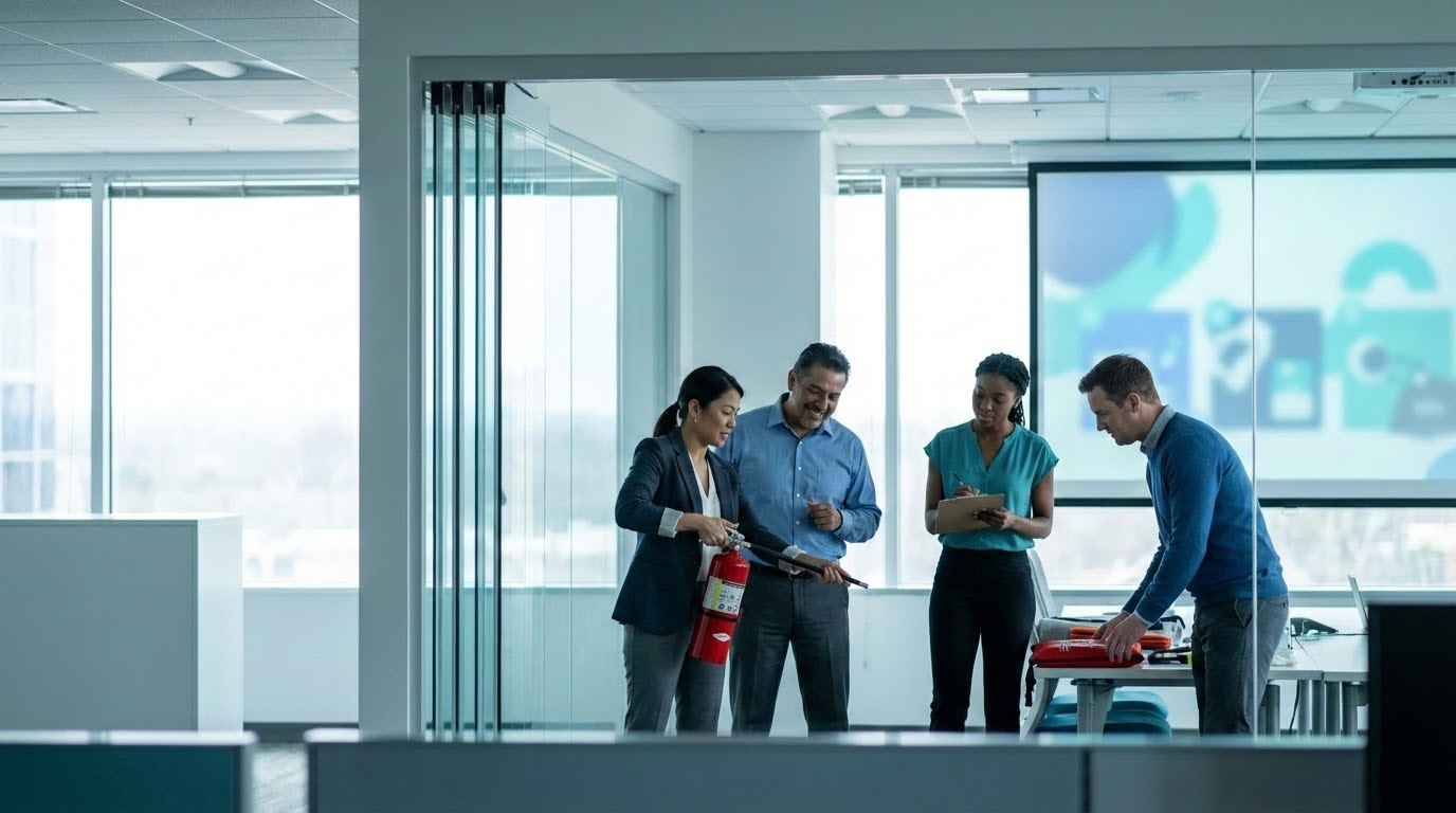 ภาพประกอบแสดงกลุ่มพนักงานที่หลากหลายกำลังเรียนรู้การใช้ถังดับเพลิงในห้องประชุมสมัยใหม่