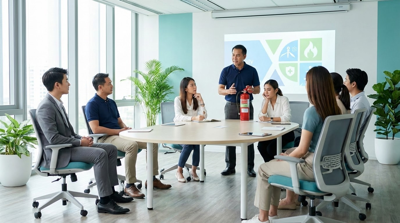 ภาพอธิบายการอบรมดับเพลิงในห้องประชุมสมัยใหม่ มีพนักงานหลากหลายเชื้อชาติให้ความสนใจ