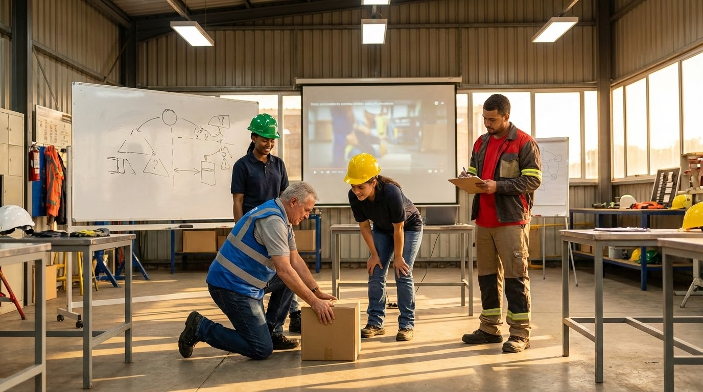 ภาพประกอบแสดงกลุ่มคนงานในโรงงานกำลังเข้าร่วมการอบรมความปลอดภัย โดยมีอาจารย์สอนเทคนิคการยกวัสดุอย่างถูกต้อง