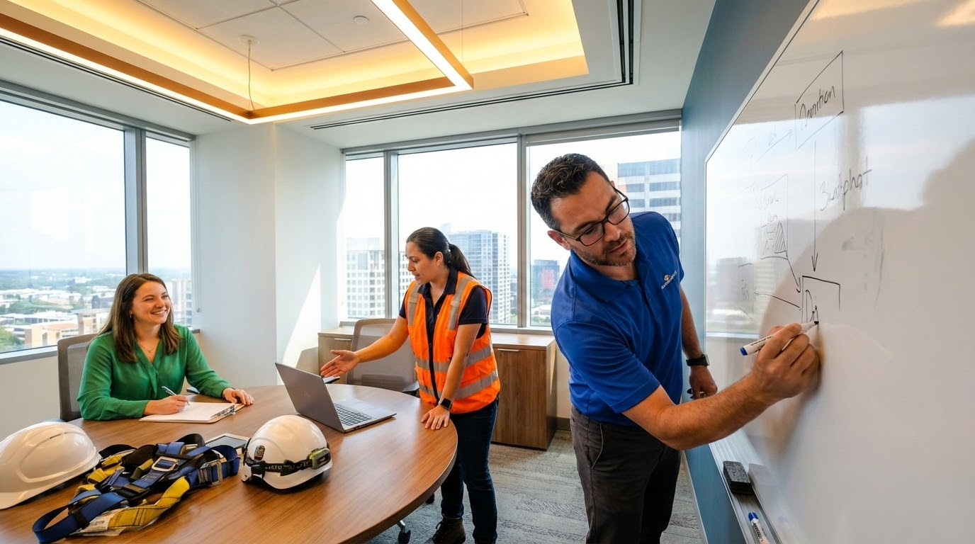 ภาพประกอบแสดงกลุ่มคนสามคนในห้องอบรมที่ทันสมัย กำลังออกแบบหลักสูตรความปลอดภัย โดยมีชายในเสื้อโปโลสีน้ำเงินวาดแผนภาพบนกระดานขาว