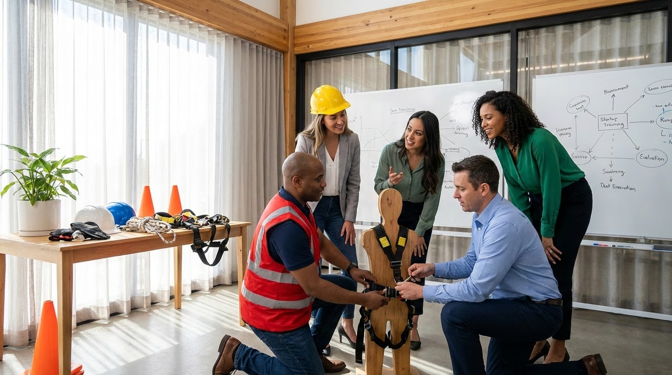 ภาพประกอบแสดงกลุ่มผู้เชี่ยวชาญสี่คนในระหว่างการอบรมความปลอดภัย โดยมีการสาธิตการใช้ฮาร์เนสและอุปกรณ์ความปลอดภัย