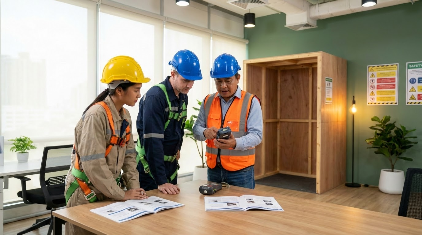 ภาพประกอบแสดงกลุ่มคนที่เข้าร่วมการอบรมความปลอดภัยในที่อับอากาศ มีผู้สอนและผู้เรียนในชุดป้องกัน