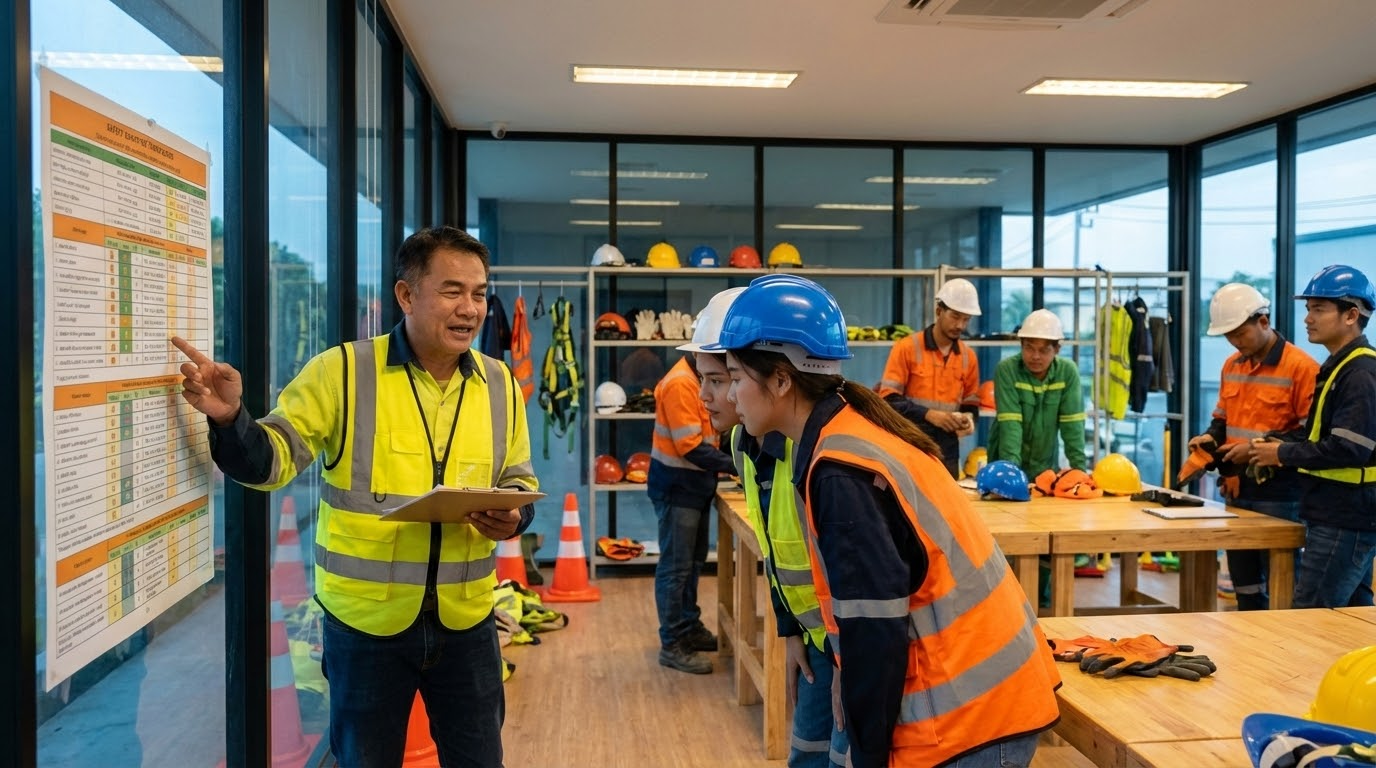 ภาพอธิบายกลุ่มผู้รับเหมาก่อสร้างที่เข้าร่วมการฝึกอบรมด้านความปลอดภัยในห้องเรียน