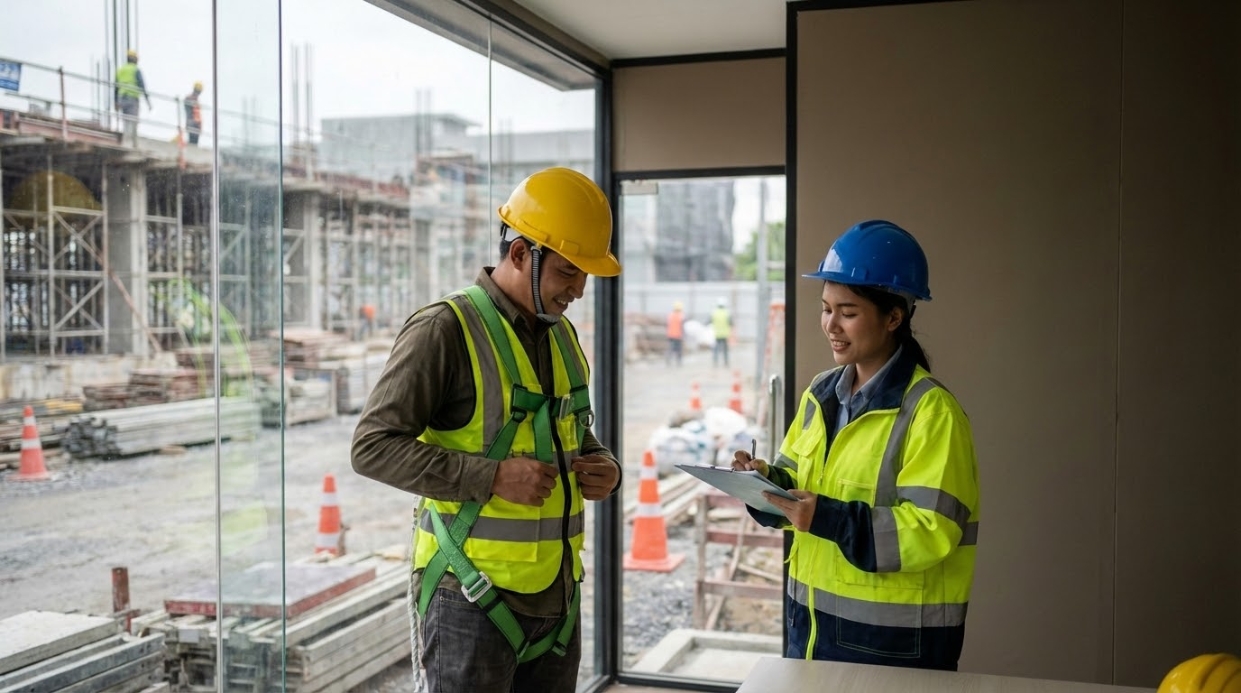 ภาพประกอบแสดงการฝึกอบรมความปลอดภัยบนไซต์ก่อสร้าง โดยมีผู้รับเหมา 2 คนกำลังเรียนรู้การใช้ฮาร์เนส