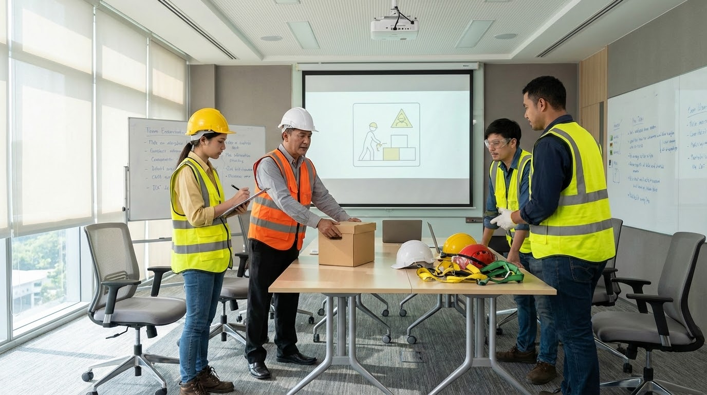 ภาพประกอบแสดงกลุ่มช่างก่อสร้างที่เข้าร่วมการอบรมความปลอดภัยในห้องประชุมที่สว่างไสว