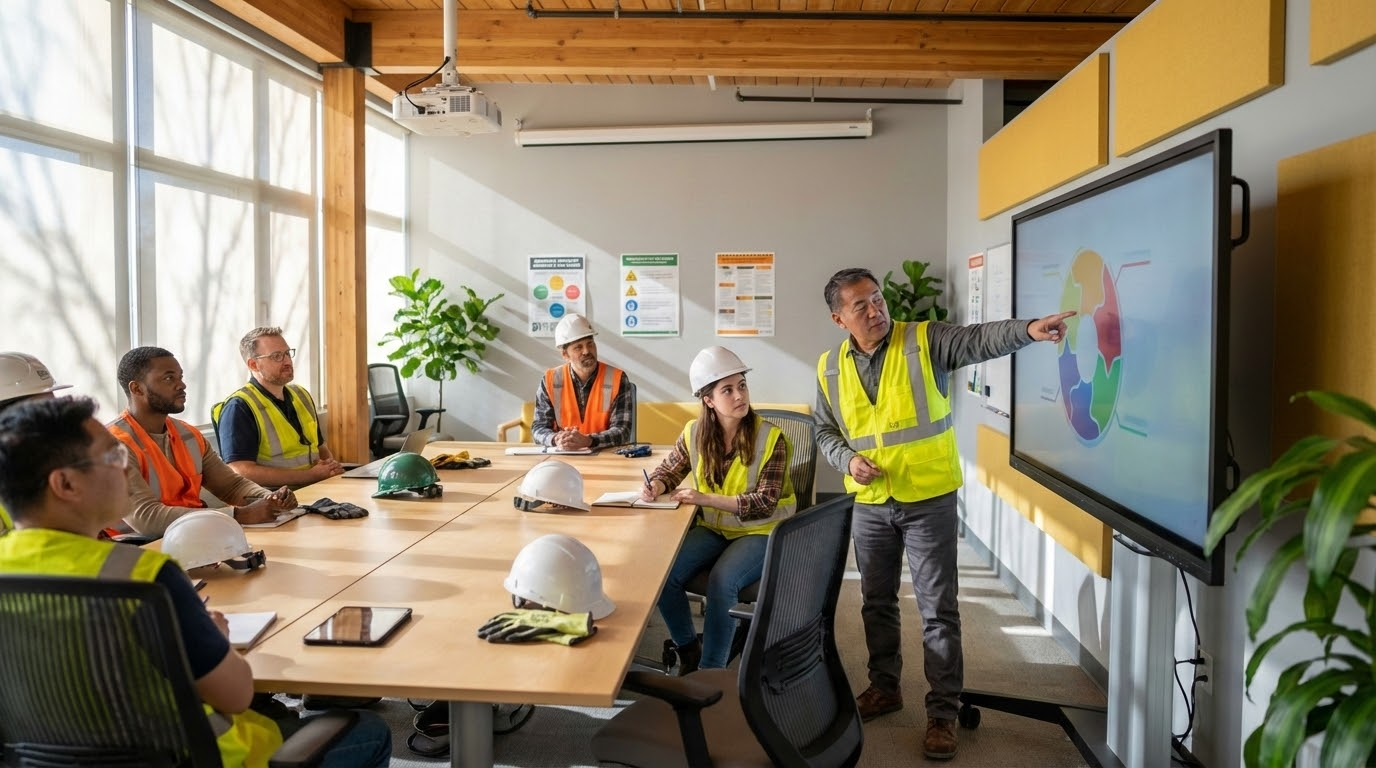 ภาพประกอบแสดงกลุ่มคนงานก่อสร้างที่หลากหลายกำลังเข้าร่วมการอบรมด้านความปลอดภัยในห้องฝึกอบรมที่สว่างไสว