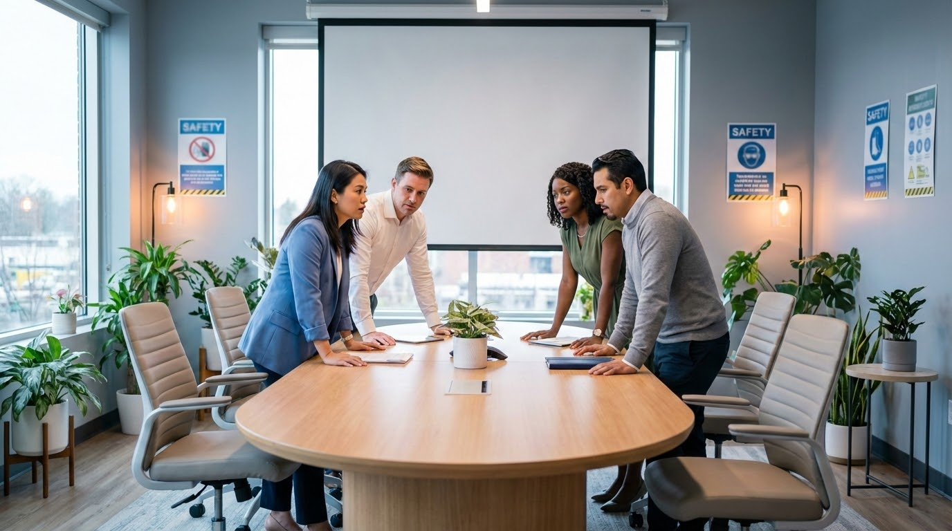 ภาพประกอบแสดงกลุ่มผู้เชี่ยวชาญที่มีความหลากหลายกำลังสนทนาในห้องประชุมสมัยใหม่ที่สว่างสดใส