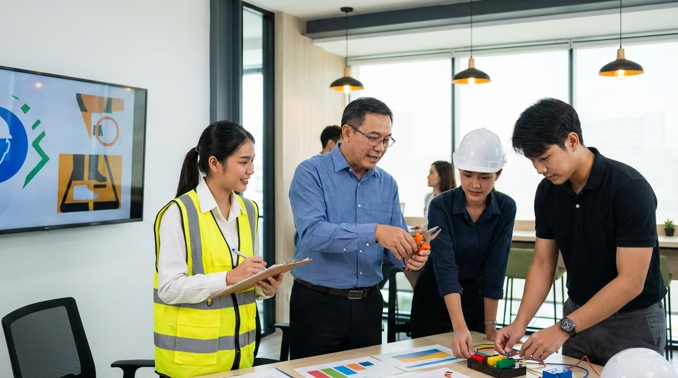 ภาพประกอบแสดงกลุ่มผู้เชี่ยวชาญกำลังเข้าร่วมการอบรมความปลอดภัยไฟฟ้า โดยมีผู้สอนชายไทยอายุกลางคนสาธิตการใช้เครื่องมือที่มีฉนวน,