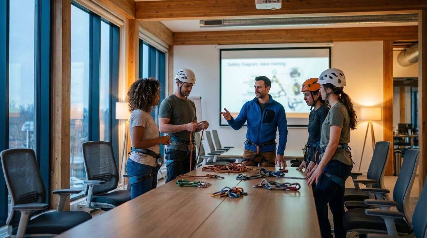 ภาพประกอบแสดงกลุ่มคนสี่คนในห้องอบรมที่ทันสมัย, สวมหมวกกันน็อคและเชือกนิรภัย, กำลังเรียนรู้เทคนิคการทำงานในที่สูง