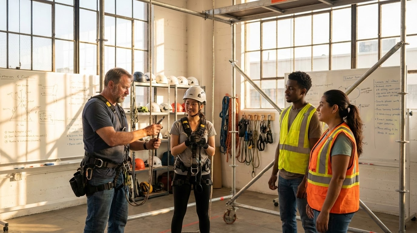 ภาพประกอบแสดงกลุ่มผู้ใหญ่ที่เข้าร่วมการอบรมความปลอดภัยในการทำงานที่สูงที่ SAFEACT โดยมีอาจารย์สอนและผู้ฝึกสอนกำลังแสดงวิธีการ