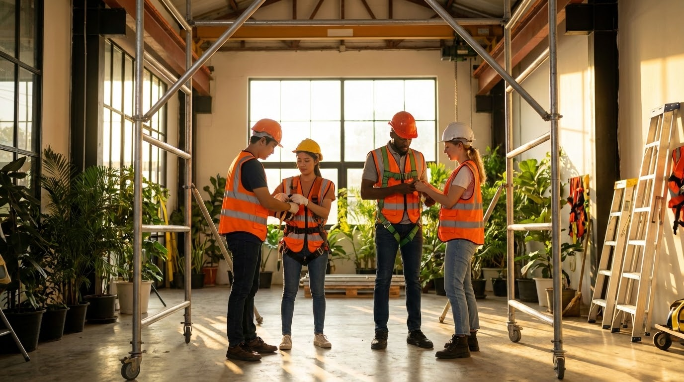 ภาพประกอบแสดงกลุ่มคนหลากหลายชาติพันธุ์กำลังฝึกอบรมการทำงานในที่สูงในศูนย์ฝึกอุตสาหกรรม