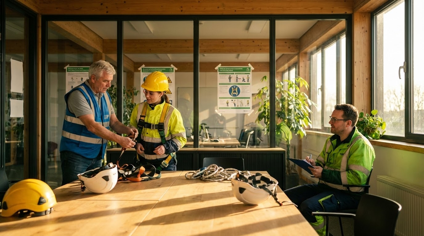 ภาพประกอบแสดงกลุ่มพนักงานหลากหลายเชื้อชาติในห้องฝึกอบรมความปลอดภัยที่มีแสงสว่างดี