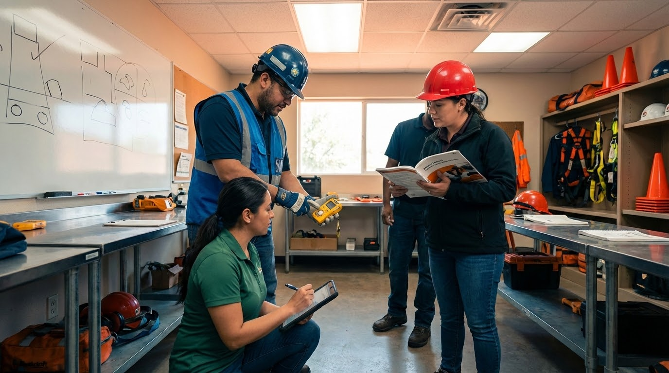 ภาพประกอบแสดงพนักงานสามคนในห้องอบรมความปลอดภัย กำลังฝึกใช้เครื่องตรวจแก๊สอย่างตั้งใจ