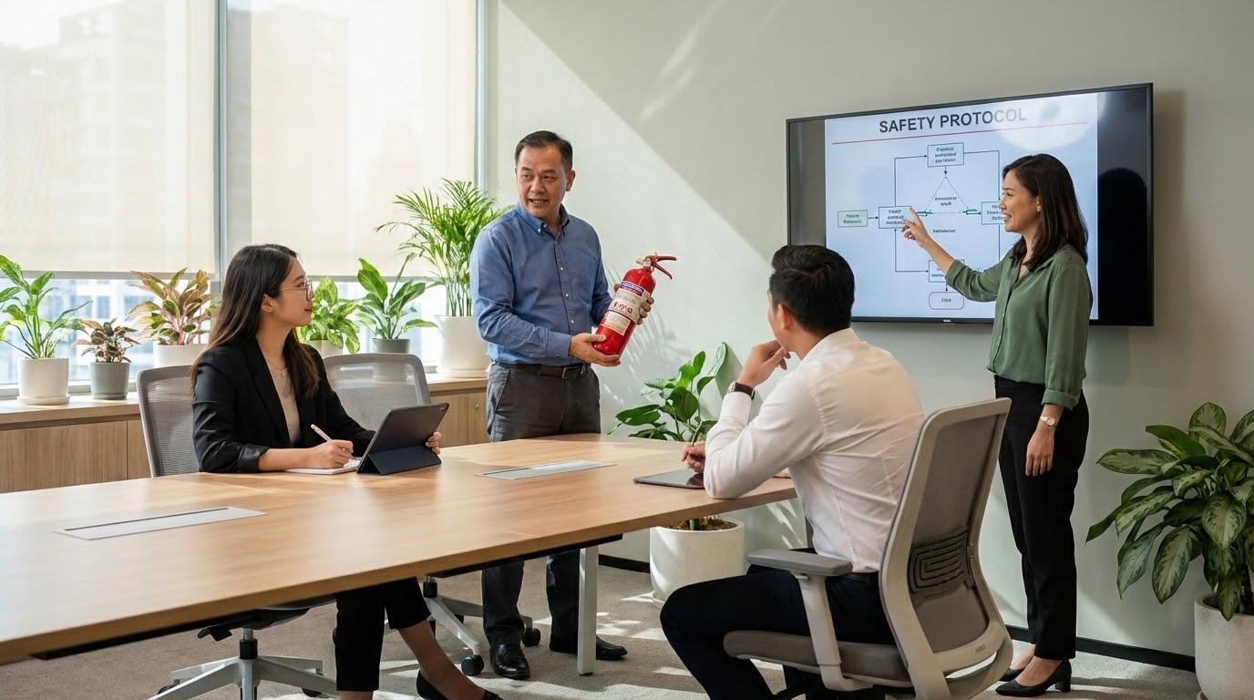 ภาพประกอบแสดงกลุ่มมืออาชีพสี่คนที่กำลังเข้าร่วมการอบรมในห้องสัมมนาที่มีแสงสว่างดี โดยมีผู้ชายไทยหนึ่งคนกำลังสาธิตอุปกรณ์ความป