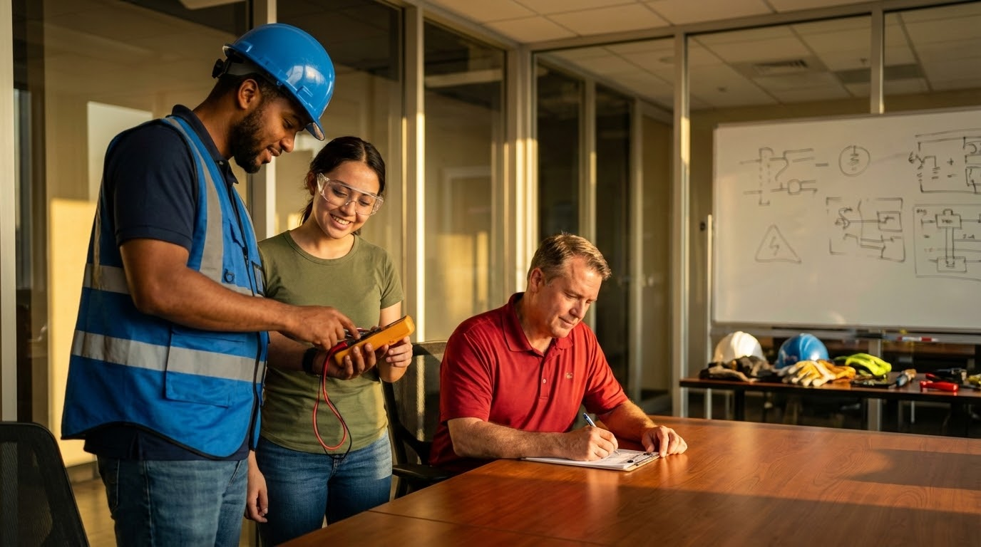 ภาพอธิบายการอบรมความปลอดภัยไฟฟ้าโดยมีผู้ฝึกสอนและผู้เรียนในห้องเรียนสว่าง