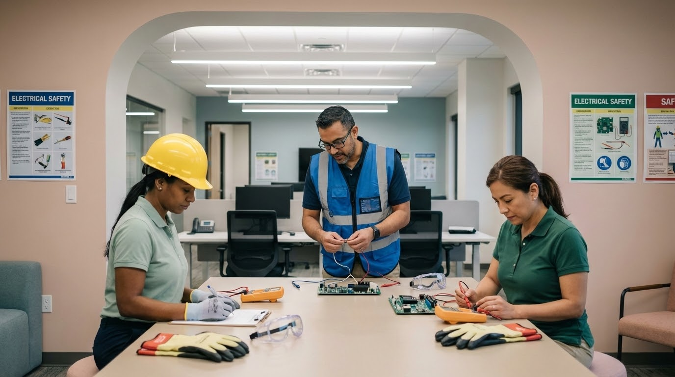ภาพประกอบแสดงกลุ่มผู้เข้าร่วมอบรมไฟฟ้าในห้องฝึกอบรมที่สว่างสดใส พร้อมอุปกรณ์ความปลอดภัยมากมาย