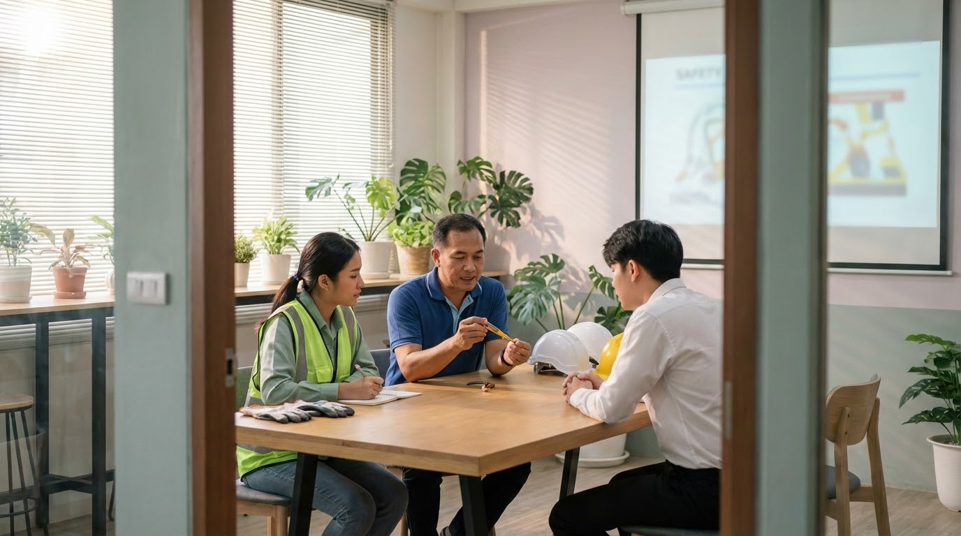 ภาพประกอบแสดงกลุ่มผู้เข้าร่วมการอบรมความปลอดภัยไฟฟ้าในห้องสัมมนา พร้อมอุปกรณ์ด้านความปลอดภัยและแผนภาพ