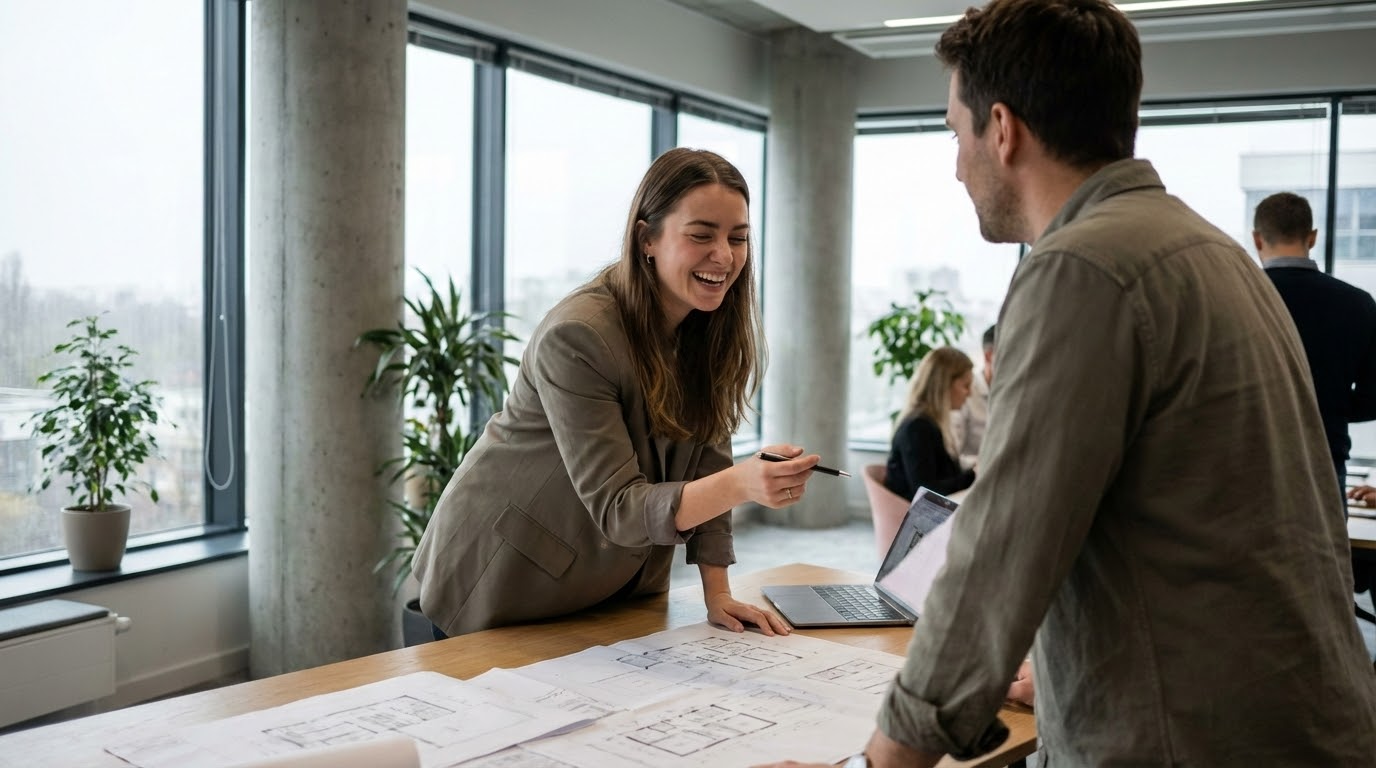 ภาพประกอบแสดงการอบรมความปลอดภัยในห้องฝึกอบรมก่อสร้าง มีผู้ฝึกสอนสองคนและกลุ่มคนงานสี่คนที่มุ่งมั่นเรียนรู้