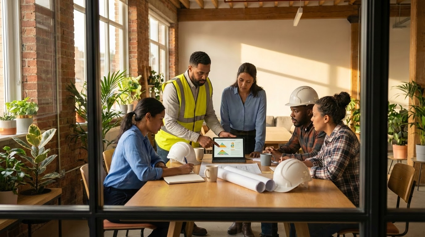 ภาพประกอบแสดงกลุ่มผู้เชี่ยวชาญที่หารือเกี่ยวกับความเสี่ยงในงานก่อสร้างในห้องประชุมที่สว่างสดใส