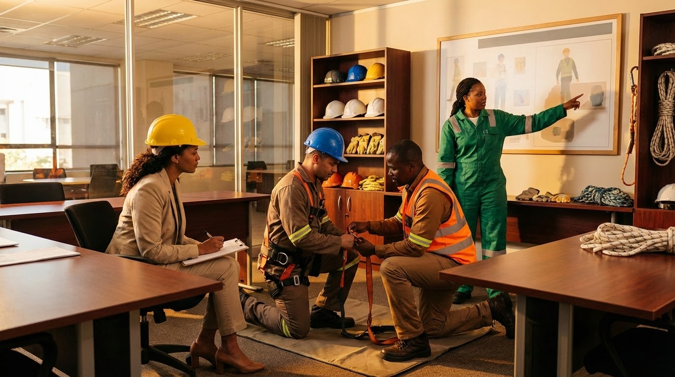 ภาพประกอบแสดงกลุ่มคนทำงานในอุปกรณ์ความปลอดภัย ฝึกเทคนิคการใช้สายรัดในห้องฝึกอบรมอุตสาหกรรม