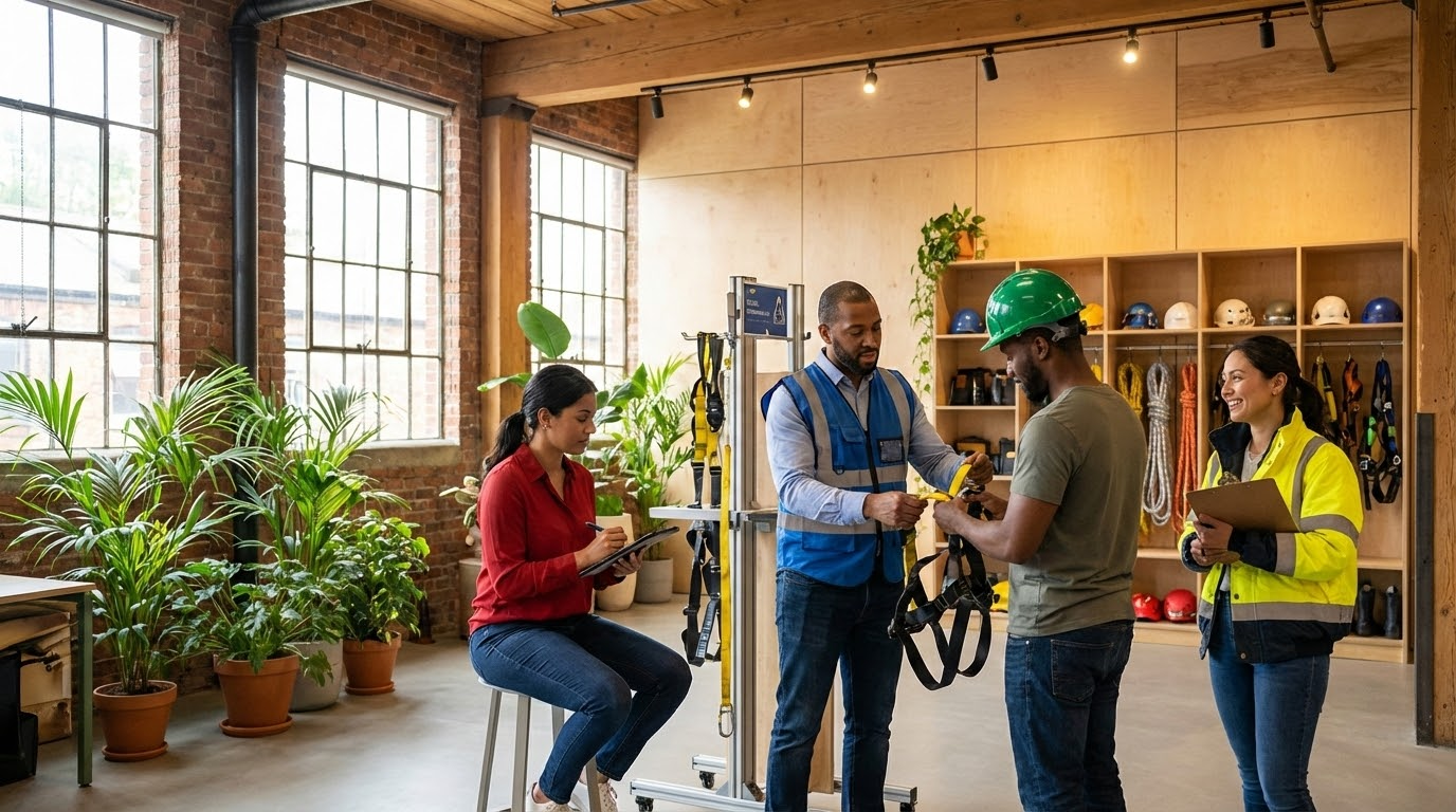ภาพประกอบแสดงกลุ่มมืออาชีพที่เข้าร่วมการอบรมการทำงานที่สูงในห้องฝึกสอนที่สว่างไสว มีผู้ชายสองคนและผู้หญิงสองคนที่มีอุปกรณ์นิร