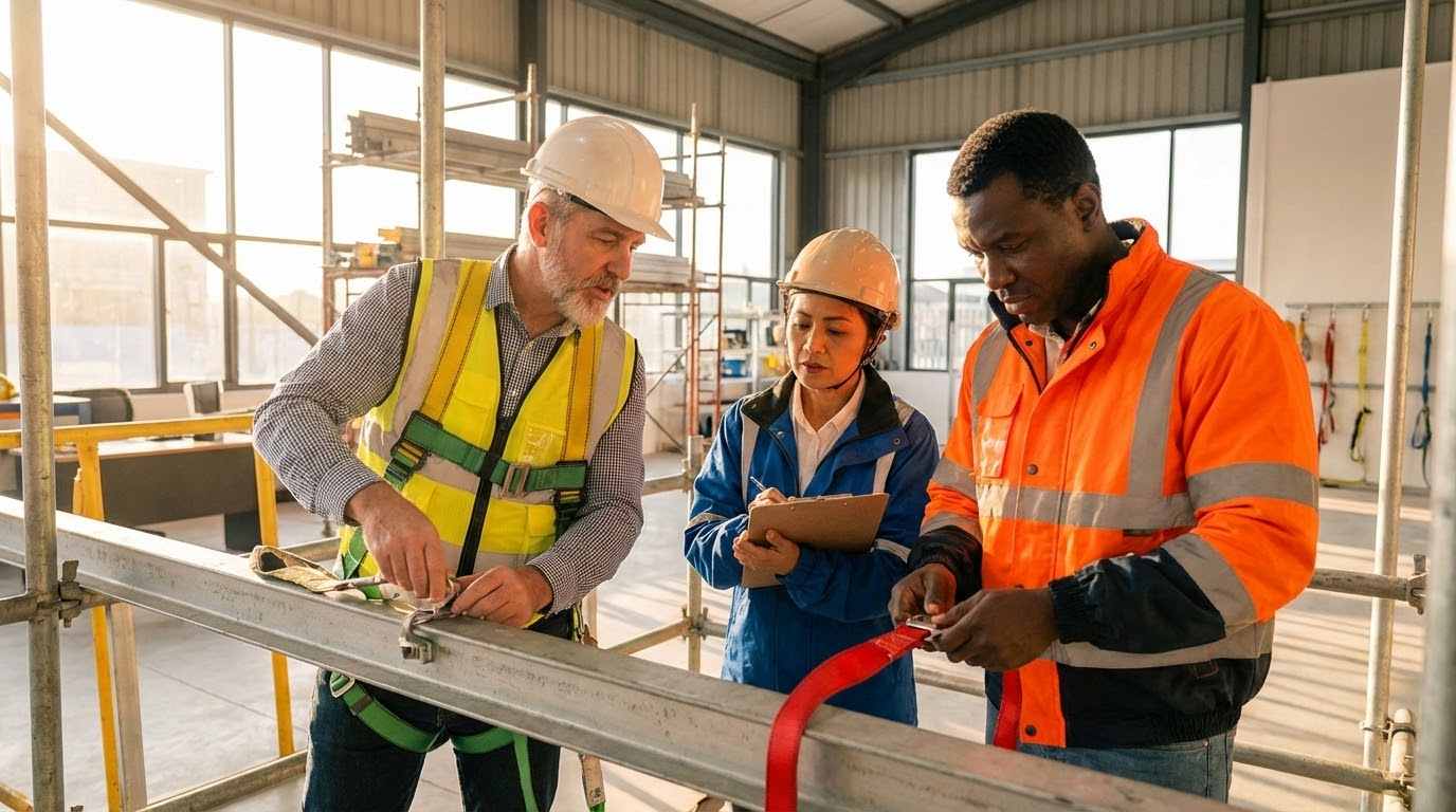 ภาพอธิบายกลุ่มคนสามคนกำลังเข้าร่วมการอบรมความปลอดภัยที่ไซต์งานสูง โดยมีการสาธิตการใช้สายรัดและอุปกรณ์ความปลอดภัย