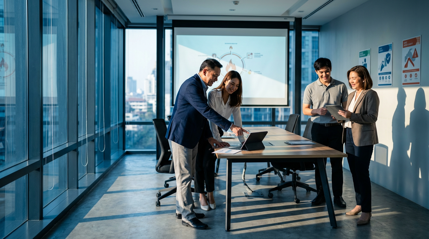 ภาพประกอบแสดงกลุ่มมืออาชีพที่เข้าร่วมการอบรมความปลอดภัยจากไฟในห้องประชุมสมัยใหม่ มีการพูดคุยเกี่ยวกับแผนผังความปลอดภัย