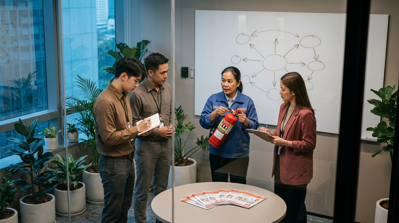 ภาพประกอบแสดงกลุ่มพนักงานหลากหลายคนในการฝึกอบรมดับเพลิงในสำนักงานสมัยใหม่