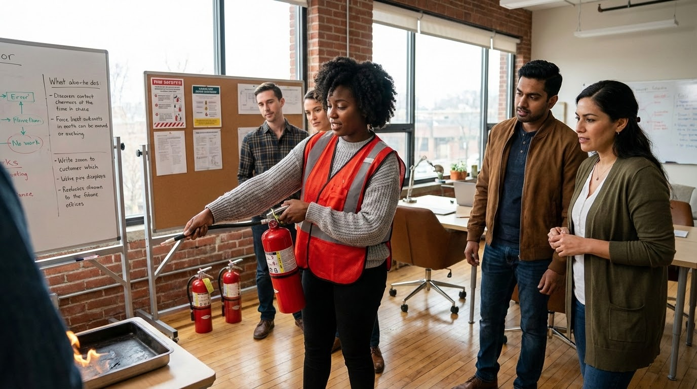 ภาพประกอบแสดงกลุ่มพนักงานหลากหลายเชื้อชาติที่เข้าร่วมการฝึกอบรมดับเพลิงในห้องสมัยใหม่ โดยมีผู้หญิงผิวดำสวมเสื้อกั๊กสีแดงสอนวิ