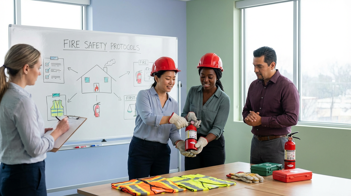 ภาพประกอบแสดงกลุ่มคนหลากหลายชาติพันธุ์ที่เข้าร่วมการอบรมความปลอดภัยจากไฟในห้องฝึกอบรมองค์กร มีการใช้อุปกรณ์ป้องกันและสาธิตการ