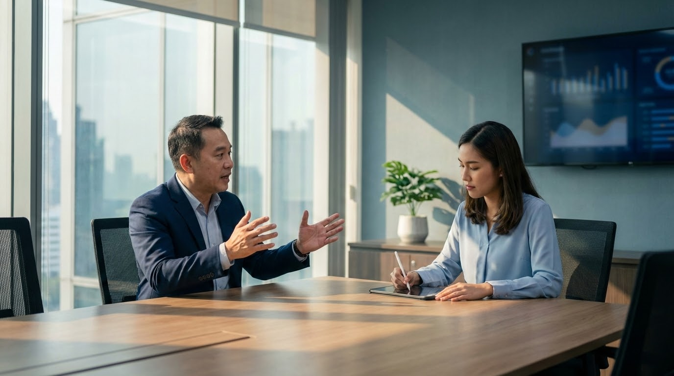 ภาพอธิบายการสนทนาระหว่างชายวัยกลางคนในชุดสูทสีกรมท่าและหญิงสาวในเสื้อเบลาส์เรียบเท่าที่โต๊ะไม้ใหญ่ในห้องประชุมสว่าง