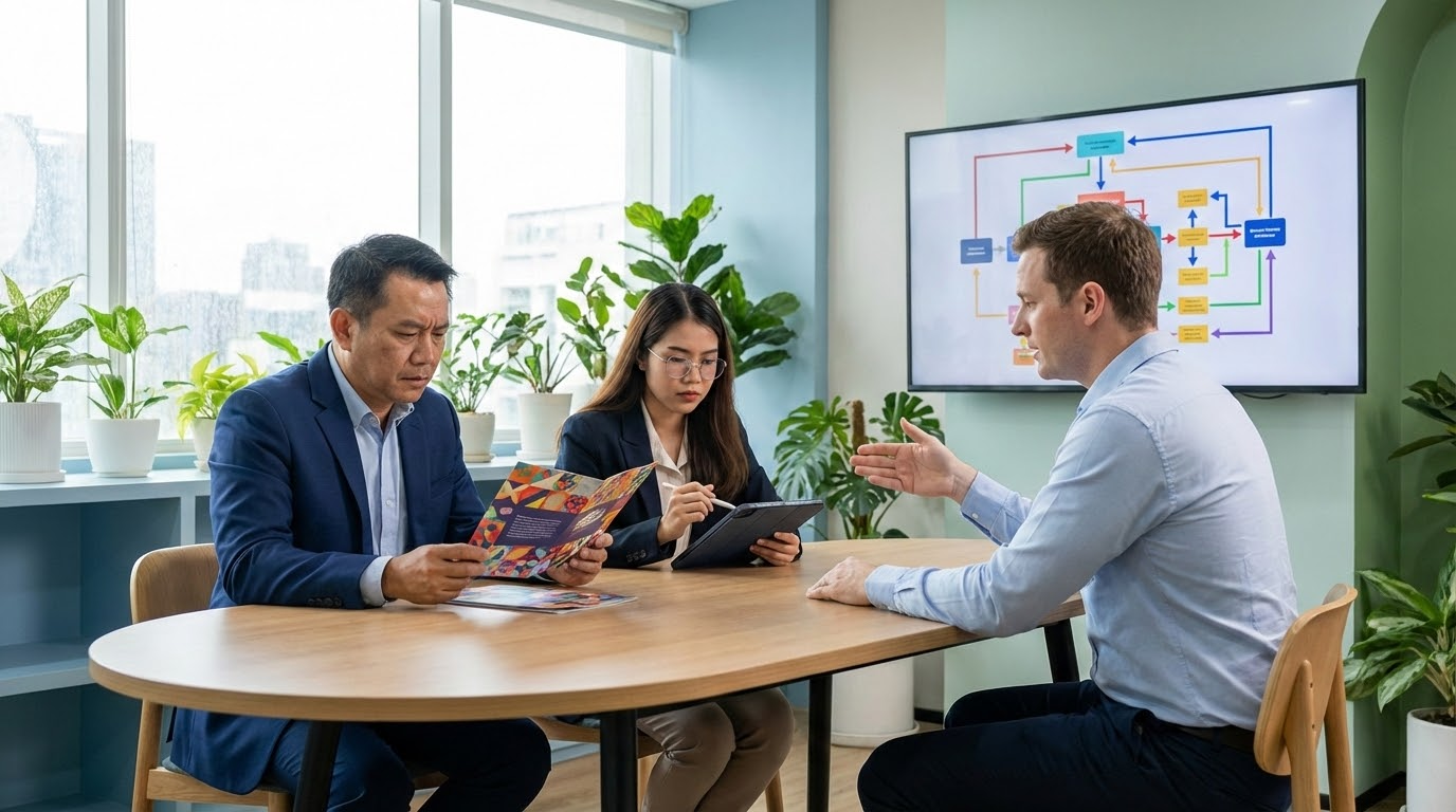 ภาพประกอบแสดงกลุ่มมืออาชีพสามคนกำลังประเมินเอกสารอบรมในห้องประชุมที่ทันสมัย โดยมีชายไทยในสูทสีน้ำเงิน, หญิงไทยในชุดลำลอง, และ