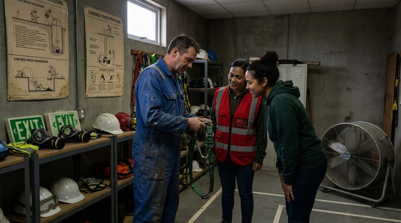 ภาพอธิบายกลุ่มคนหลากหลายที่เข้าร่วมการอบรมในที่อับอากาศ โดยมีอุปกรณ์ความปลอดภัยเรียงรายอยู่รอบๆ