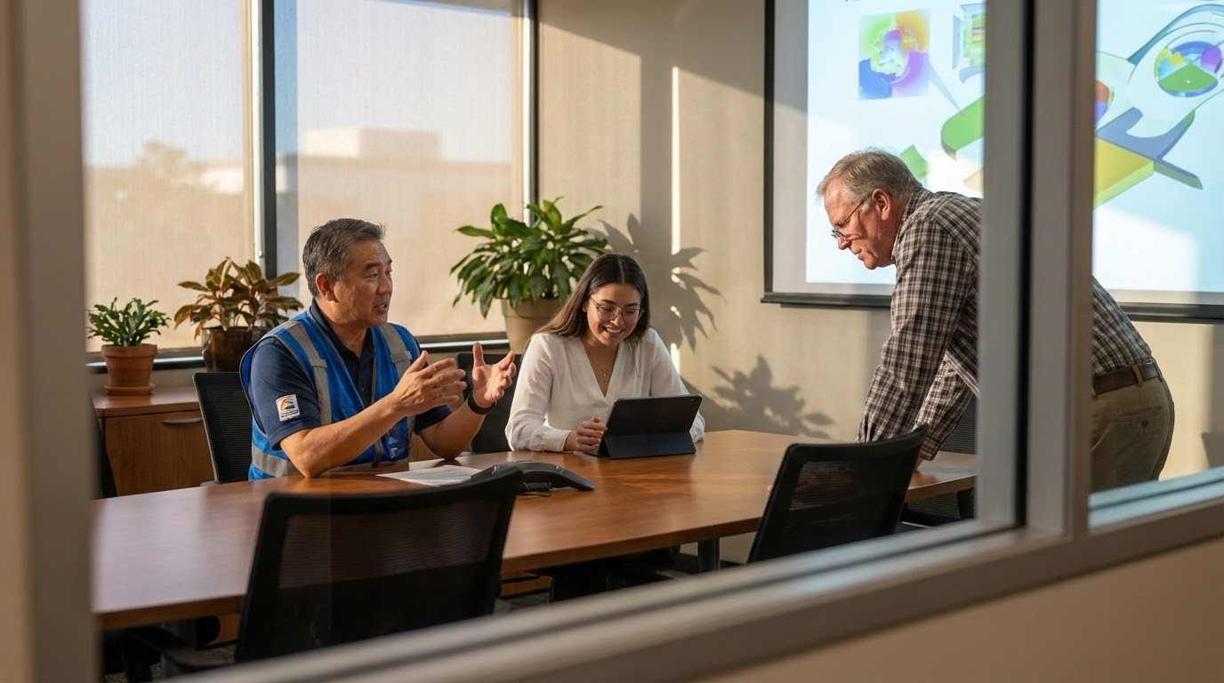 ภาพประกอบแสดงบุคคลสามคนในห้องประชุมที่มีแสงสว่างดี กำลังเข้าร่วมการอบรมความปลอดภัยไฟฟ้า โดยมีชายไทยวัยกลางคนในเสื้อสะท้อนแสงอ