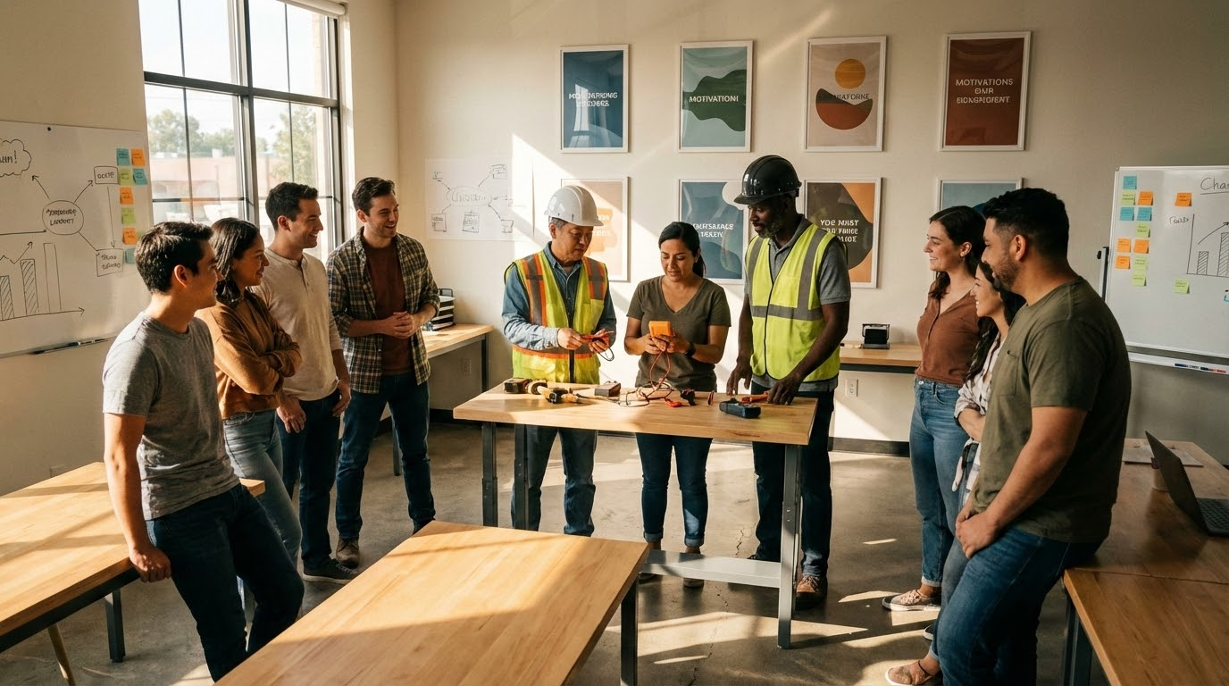 ภาพประกอบแสดงกลุ่มพนักงานหลากหลายเชื้อชาติในห้องอบรมไฟฟ้าที่ทันสมัย กำลังฝึกใช้เครื่องมือความปลอดภัย