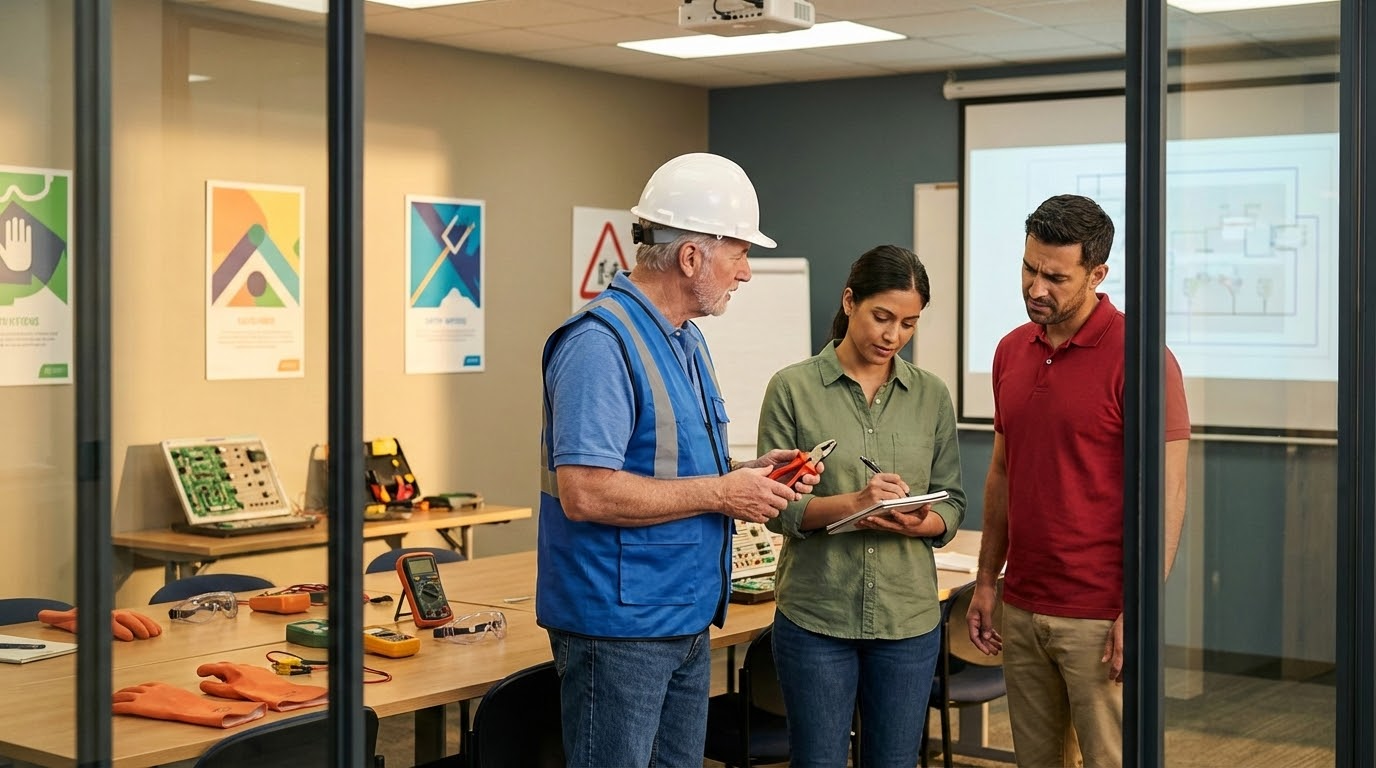 ภาพประกอบแสดงการฝึกอบรมความปลอดภัยไฟฟ้า โดยมีผู้เข้าร่วมสามคนในห้องเรียนที่มีอุปกรณ์ความปลอดภัย