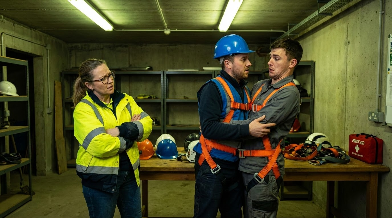 ภาพประกอบแสดงกลุ่มคนสามคนในการอบรมความปลอดภัยในห้องฝึกซ้อมที่มีแสงน้อย โดยมีผู้ชายสองคนและผู้หญิงหนึ่งคน