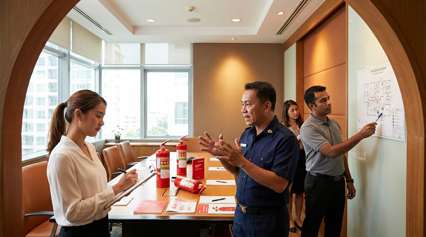 ภาพประกอบแสดงกลุ่มผู้เชี่ยวชาญในการประเมินการอบรมดับเพลิงในห้องประชุมที่มีแสงสว่าง