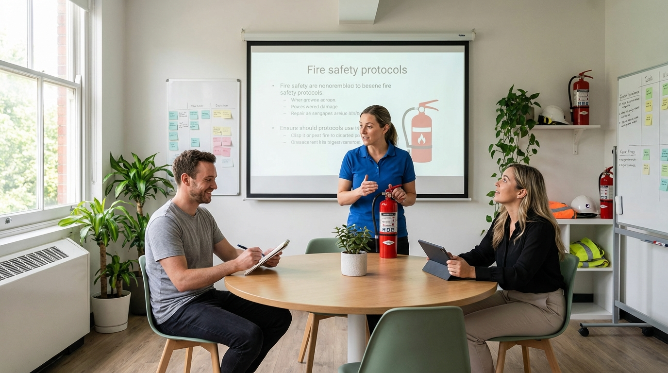 ภาพอธิบายการอบรมดับเพลิงในห้องเรียนสมัยใหม่ โดยมีผู้เข้าร่วม 3 คนกำลังมีส่วนร่วมในการสอนและบันทึกข้อมูล