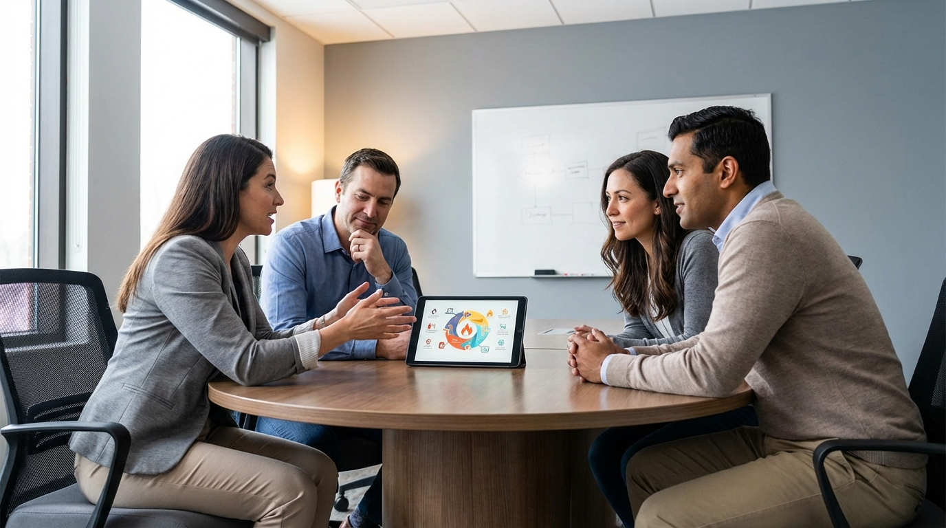 ภาพประกอบแสดงกลุ่มมืออาชีพสี่คนในห้องอบรมที่ทันสมัย กำลังสนทนาเกี่ยวกับวัตถุประสงค์การอบรมดับเพลิง โดยมีแท็บเล็ตแสดงไดอะแกรม